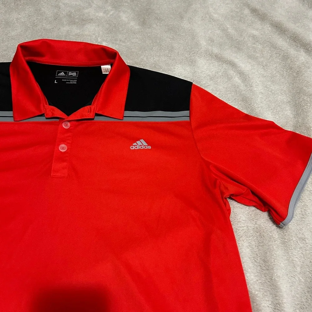 Adidas Polo Shirt Mens Large Red Black Colorblock Golf Performance Short Sleeve